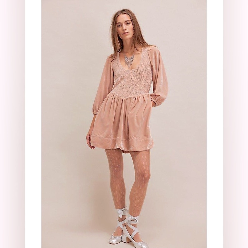 Free People Farrier Velvet Mini Dress in Pink size S new long sleeve‎ - Picture 2 of 9